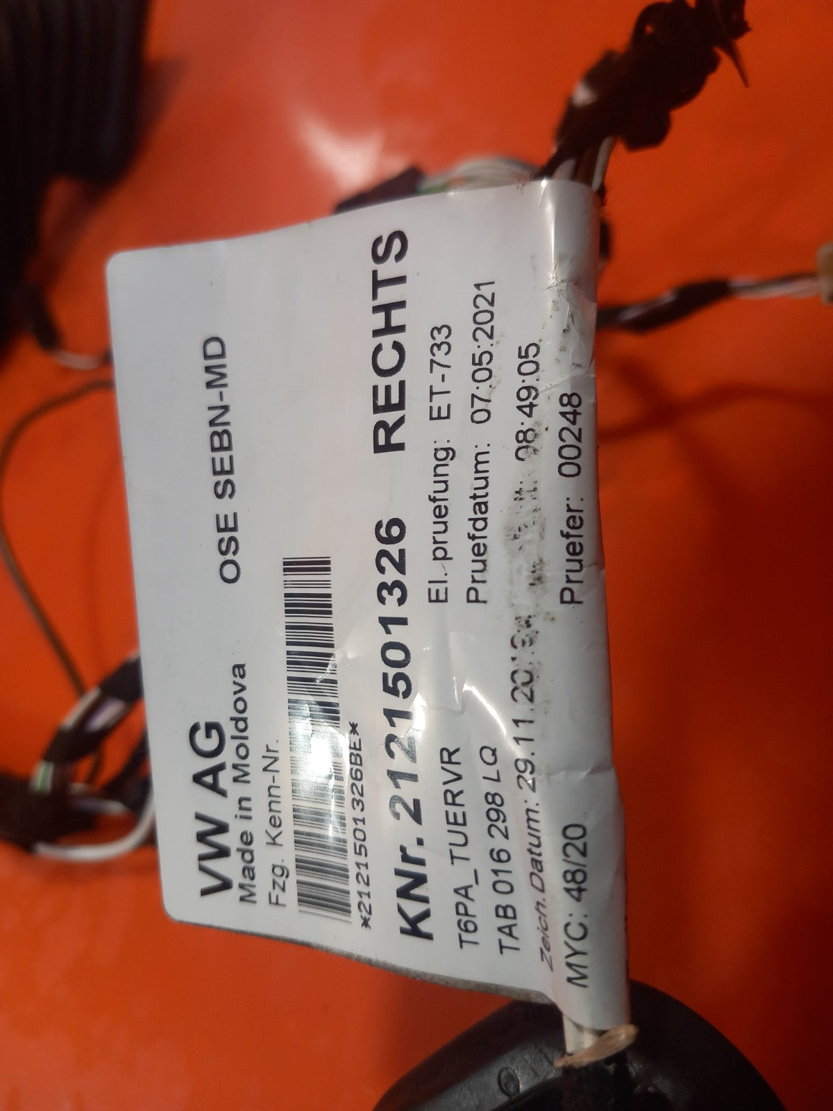 2021 VW Transporter T30 Front Right Door Wiring Loom 7LB970000C Warranty A412 - Image 5